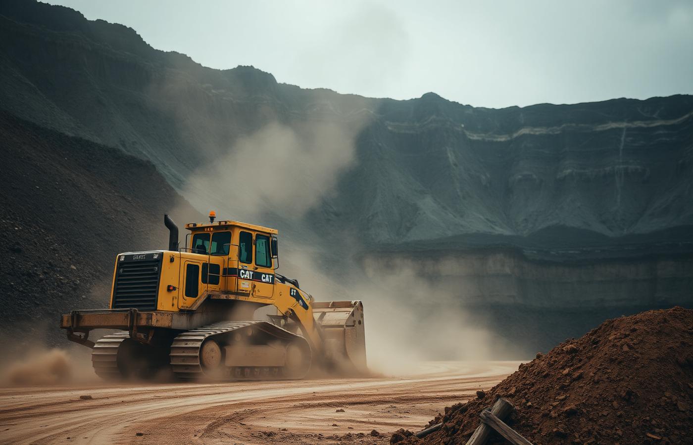 Bulldozer with tracked undercarriage operating at an open pit mining site